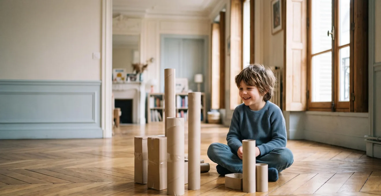 Un enfant assis dans un appartement parisien lumineux, entouré de rouleaux de carton recyclés transformés en jouets créatifs