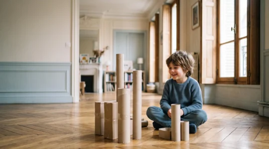 Un enfant assis dans un appartement parisien lumineux, entouré de rouleaux de carton recyclés transformés en jouets créatifs