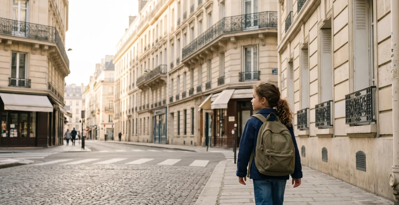 Enfant vu de dos marchant seul et confiant dans une rue parisienne haussmannienne en direction de son école