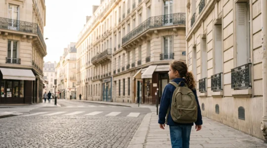 Enfant vu de dos marchant seul et confiant dans une rue parisienne haussmannienne en direction de son école