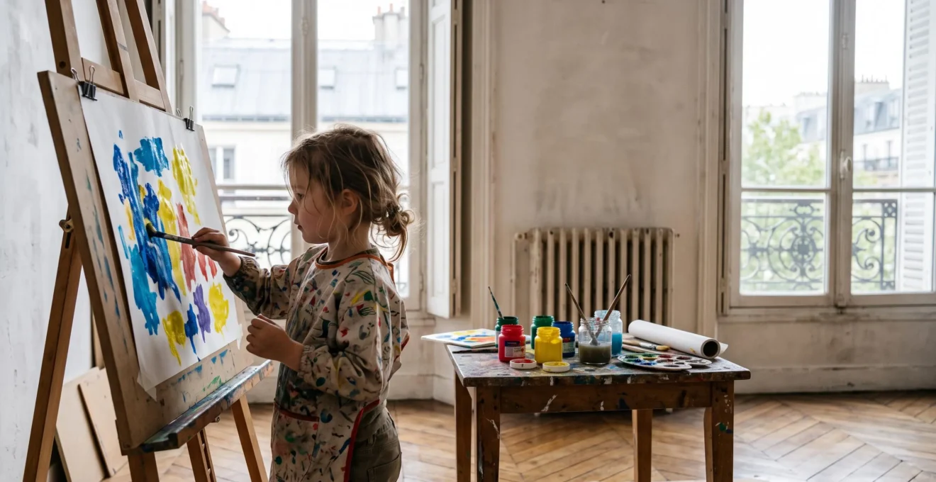 Enfant concentré en train de peindre librement dans un atelier lumineux au style parisien, entouré de couleurs et de matériel artistique