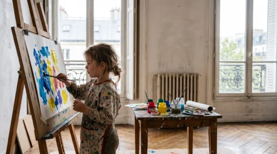 Enfant concentré en train de peindre librement dans un atelier lumineux au style parisien, entouré de couleurs et de matériel artistique