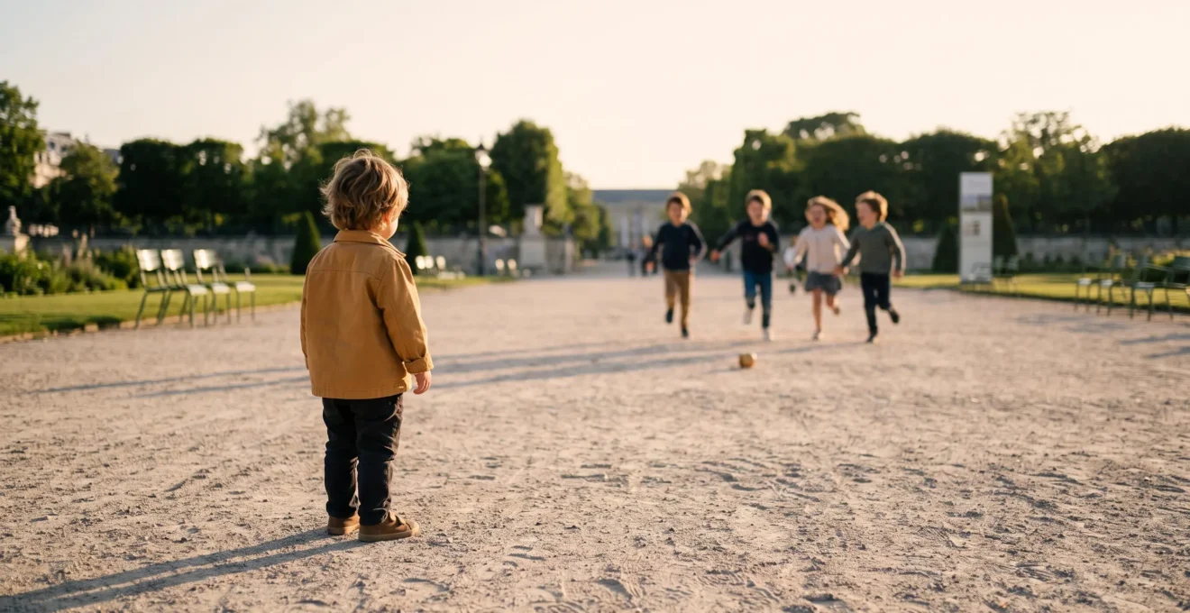 Enfant timide observant d'autres enfants jouer dans un parc urbain en France