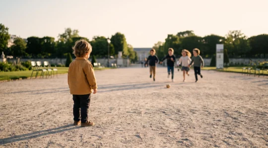 Enfant timide observant d'autres enfants jouer dans un parc urbain en France