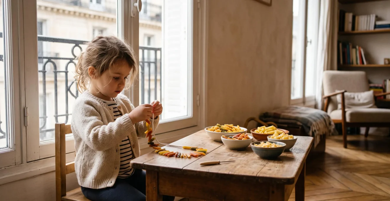 Enfant concentré en train d'enfiler des pâtes colorées sur une ficelle, sur une table en bois dans un appartement lumineux à la française