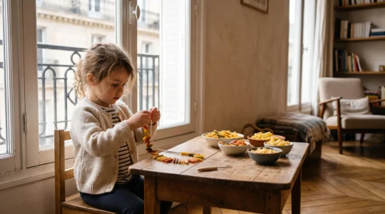 Enfant concentré en train d'enfiler des pâtes colorées sur une ficelle, sur une table en bois dans un appartement lumineux à la française