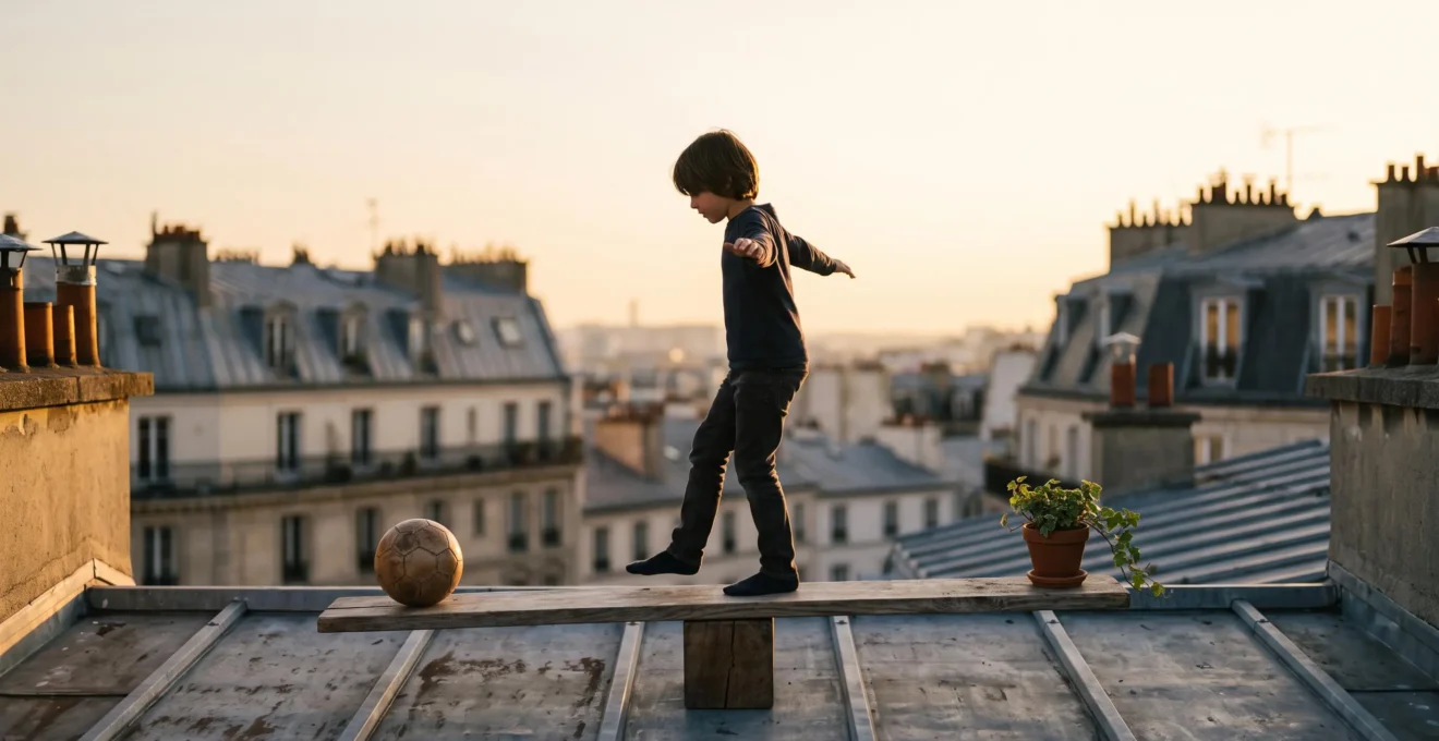 Silhouette d'un enfant en équilibre symbolique entre plusieurs types de loisirs dans un cadre urbain parisien au coucher du soleil