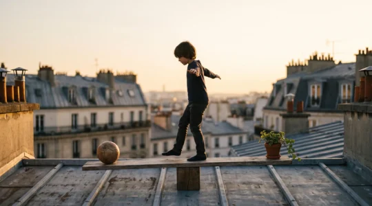 Silhouette d'un enfant en équilibre symbolique entre plusieurs types de loisirs dans un cadre urbain parisien au coucher du soleil