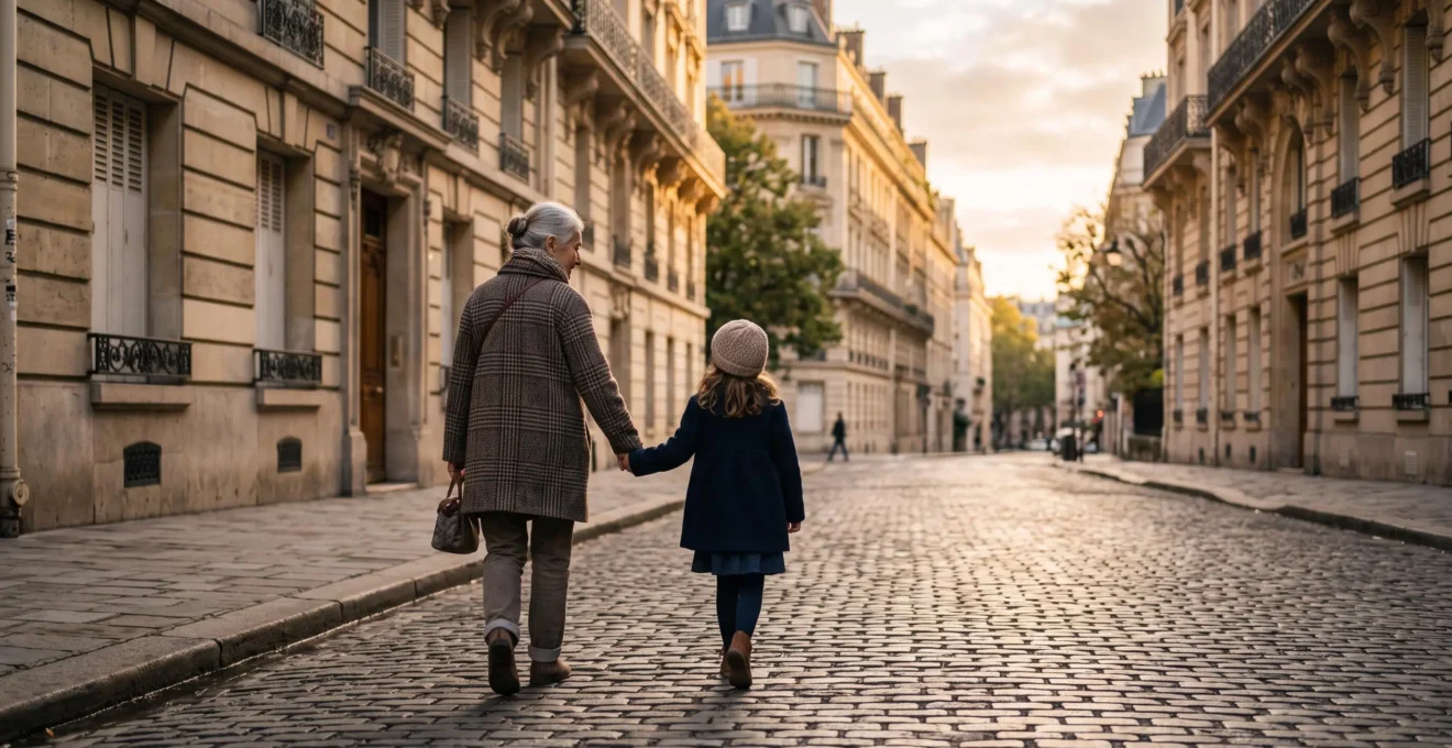 Une grand-mere et sa petite-fille se tenant la main dans une rue pavee parisienne, symbole du lien intergenerationnel en ville.