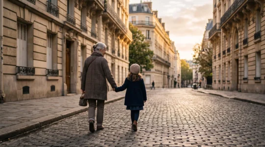 Une grand-mere et sa petite-fille se tenant la main dans une rue pavee parisienne, symbole du lien intergenerationnel en ville.