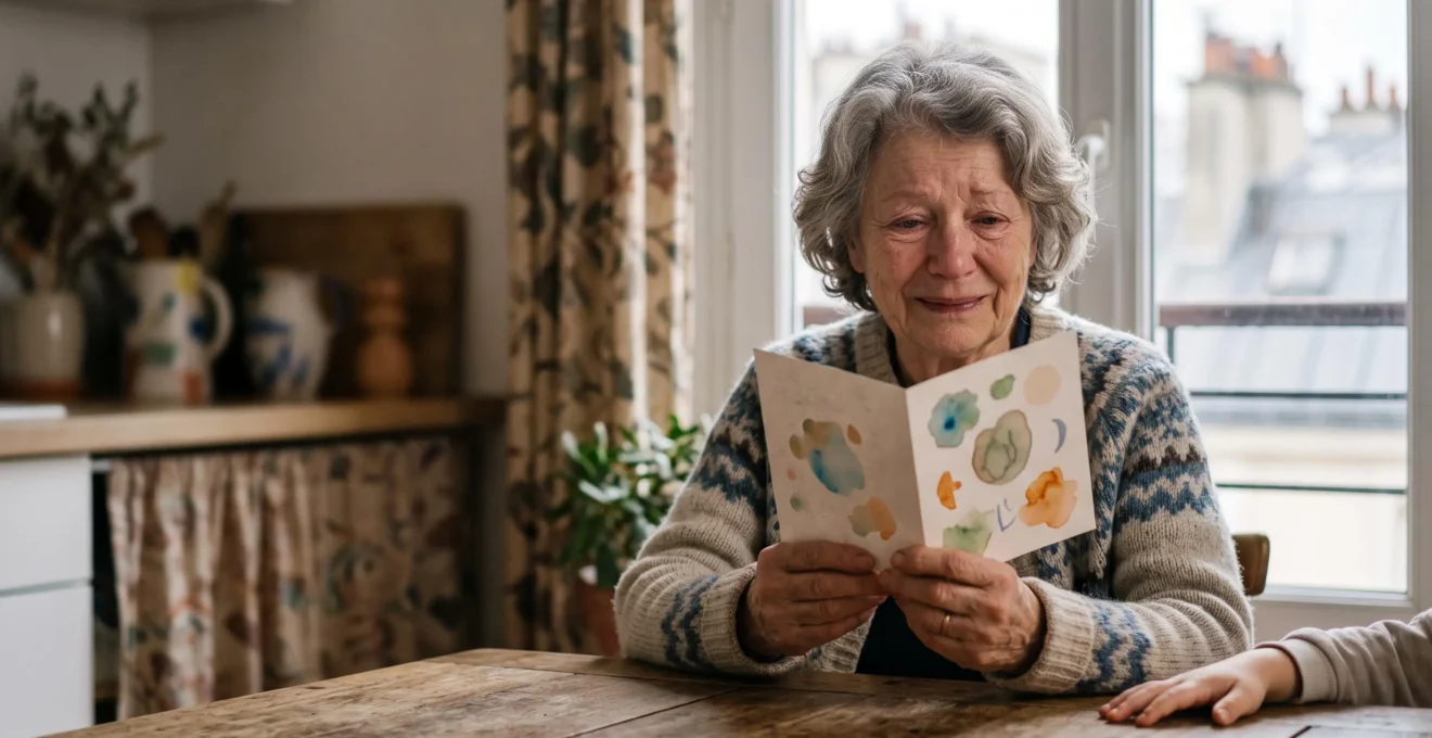 Une grand-mere emue tenant une carte d'anniversaire faite main par son petit-enfant, dans un appartement parisien lumineux