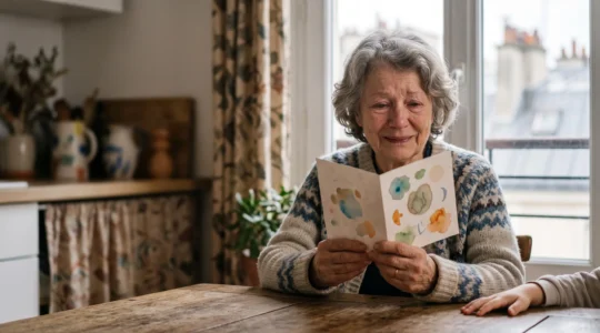 Une grand-mere emue tenant une carte d'anniversaire faite main par son petit-enfant, dans un appartement parisien lumineux