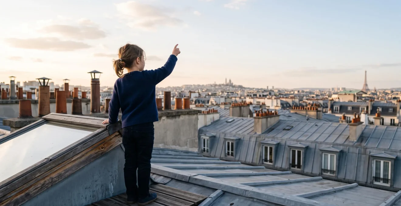 Enfant regardant par une fenêtre de toit parisienne, imagination en éveil face aux toits de zinc de la ville