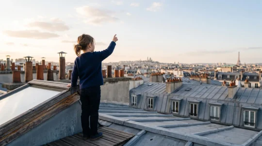 Enfant regardant par une fenêtre de toit parisienne, imagination en éveil face aux toits de zinc de la ville