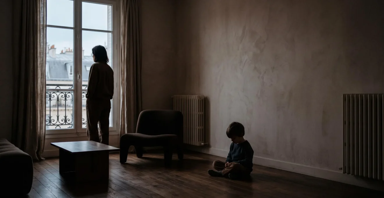 Silhouette d'un parent et d'un enfant face a face dans un appartement parisien, incarnant le poids invisible des mots blessants