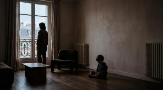 Silhouette d'un parent et d'un enfant face a face dans un appartement parisien, incarnant le poids invisible des mots blessants