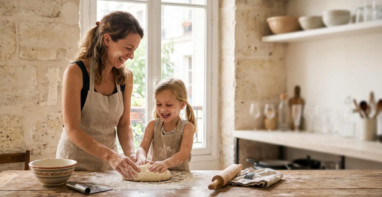 Un parent et son enfant complices autour d'un plan de travail de cuisine, pétrissant ensemble une pâte dans un intérieur parisien lumineux