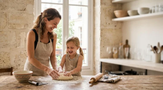Un parent et son enfant complices autour d'un plan de travail de cuisine, pétrissant ensemble une pâte dans un intérieur parisien lumineux
