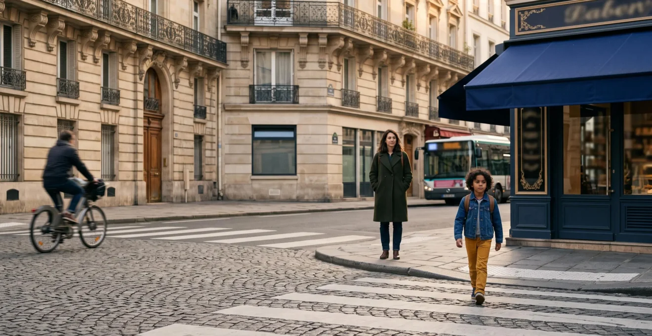 Un parent observe avec confiance son enfant traverser seul une place piétonne animée dans un quartier parisien