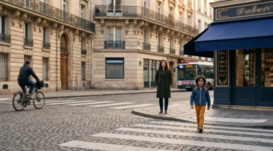 Un parent observe avec confiance son enfant traverser seul une place piétonne animée dans un quartier parisien