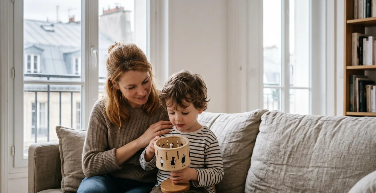 Parent et enfant partageant un moment complice de selection d'un dessin anime educatif dans un appartement parisien