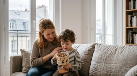 Parent et enfant partageant un moment complice de selection d'un dessin anime educatif dans un appartement parisien