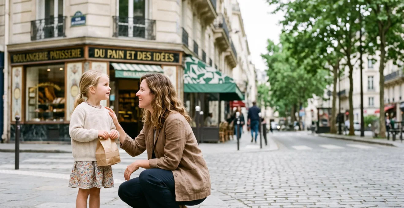 Un parent accroupi à hauteur d'un enfant de 5 ans lui explique calmement une règle de vie dans une rue parisienne animée