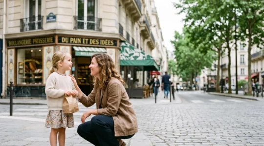Un parent accroupi à hauteur d'un enfant de 5 ans lui explique calmement une règle de vie dans une rue parisienne animée