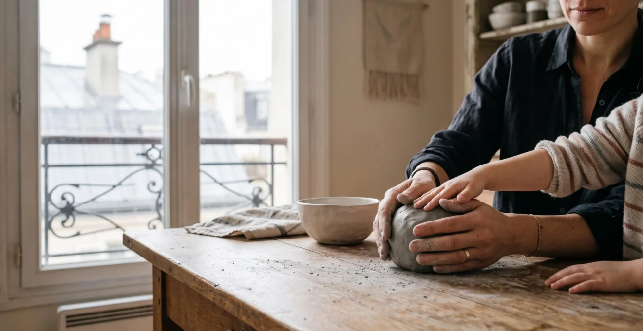 Parent et enfant modelant ensemble de l'argile naturelle à la lumière d'une fenêtre d'appartement parisien