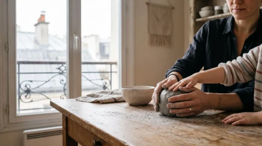 Parent et enfant modelant ensemble de l'argile naturelle à la lumière d'une fenêtre d'appartement parisien