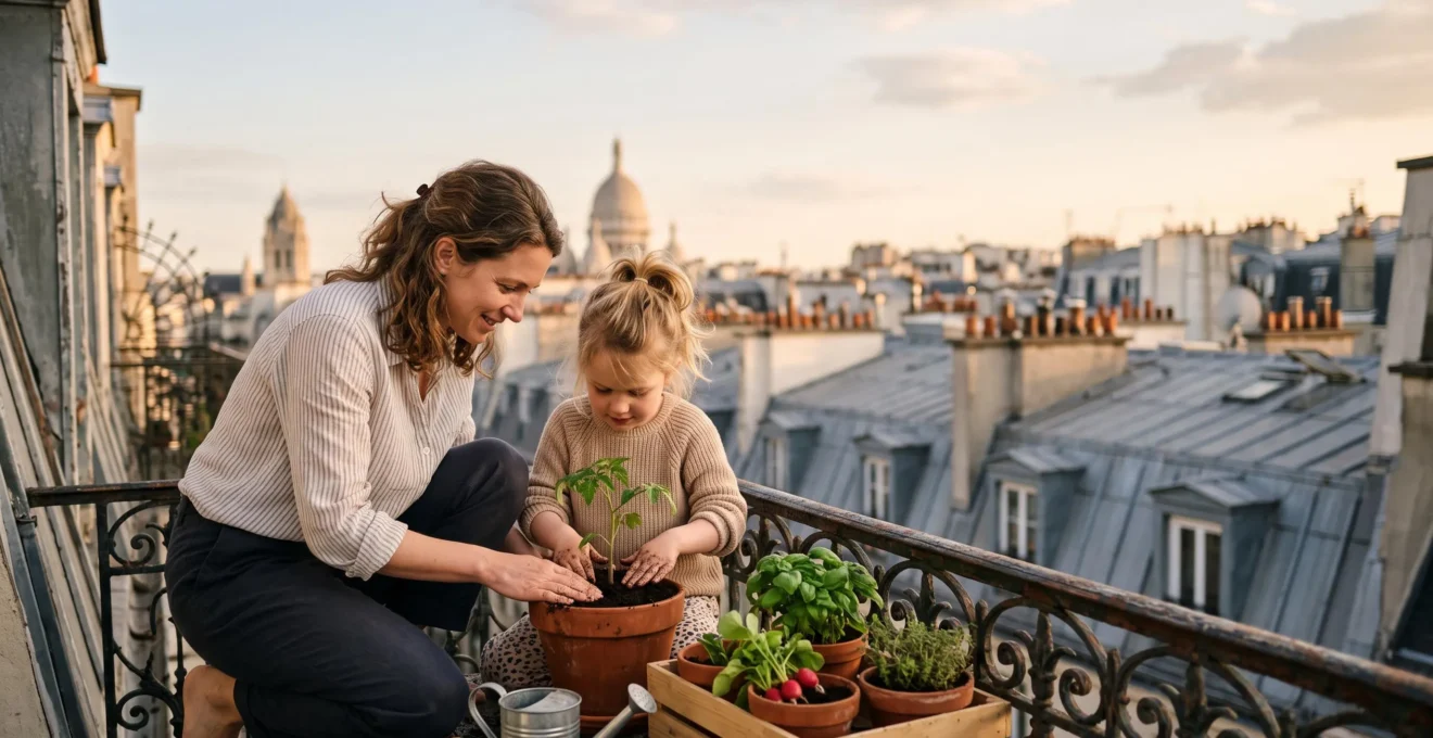 Un parent et son jeune enfant plantent ensemble des pieds de tomates cerises dans des pots en terre cuite sur un balcon d'appartement en ville, avec les toits parisiens en arrière-plan.