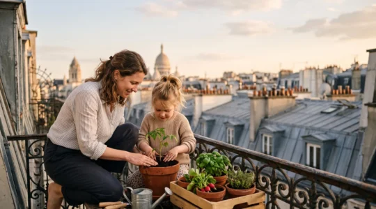 Un parent et son jeune enfant plantent ensemble des pieds de tomates cerises dans des pots en terre cuite sur un balcon d'appartement en ville, avec les toits parisiens en arrière-plan.