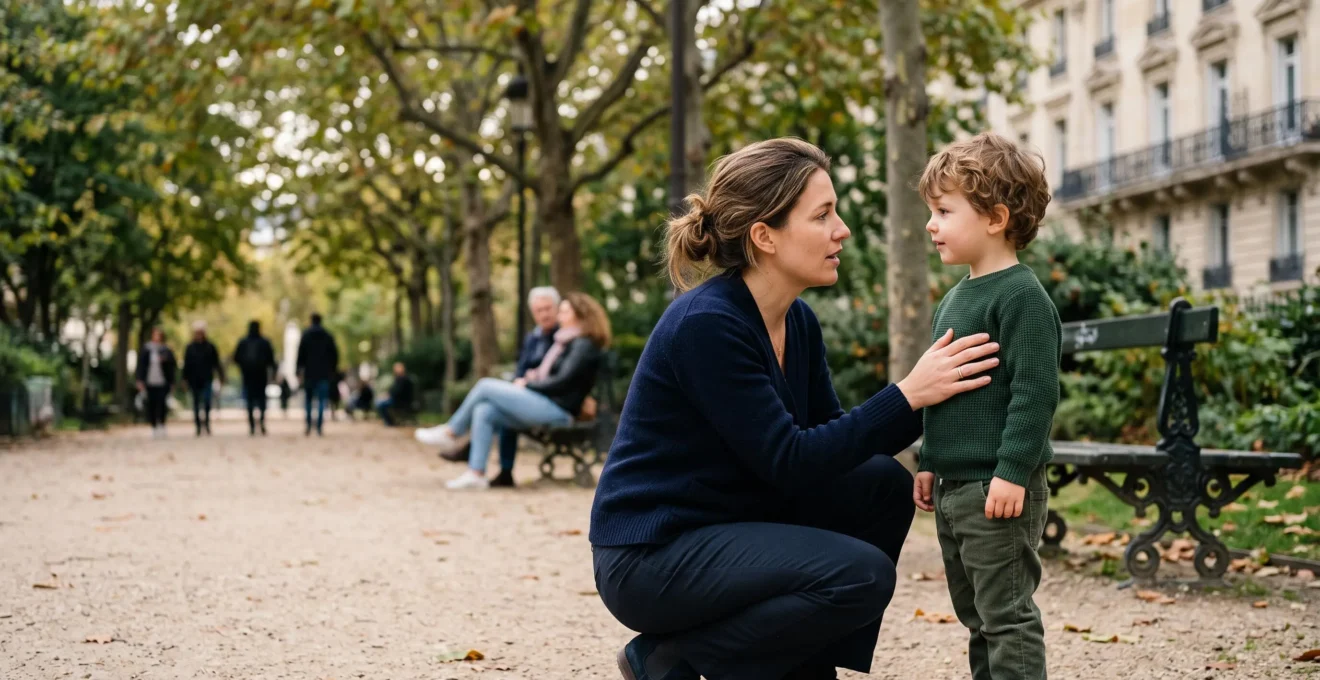 Un parent s'accroupit pour parler calmement a son enfant dans un parc urbain francais, sans le rabaisser devant les autres