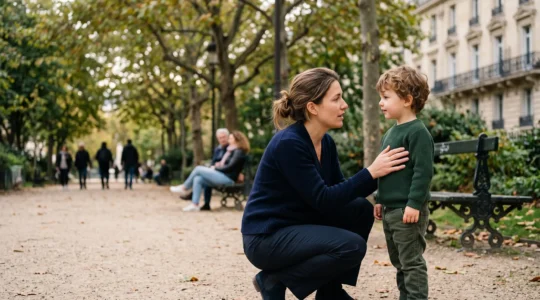 Un parent s'accroupit pour parler calmement a son enfant dans un parc urbain francais, sans le rabaisser devant les autres