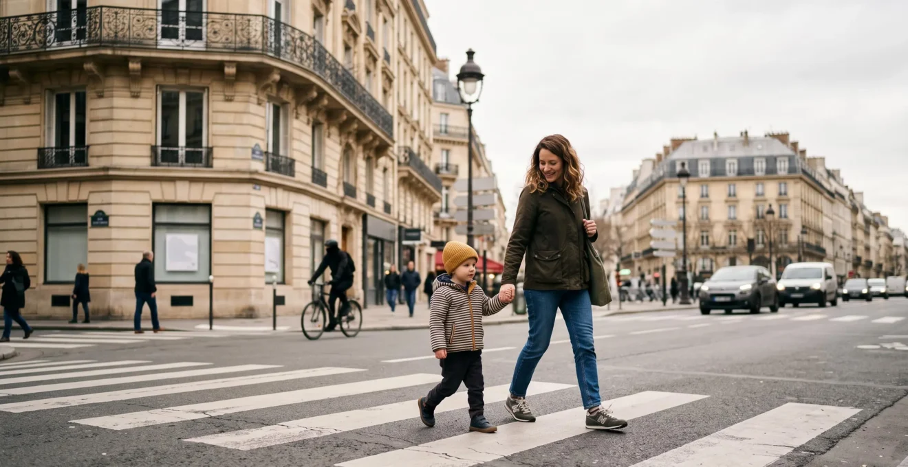 Un parent et son enfant se tenant la main pour traverser une rue typique d'une grande ville française, symbolisant l'apprentissage des règles de sécurité urbaine