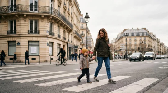 Un parent et son enfant se tenant la main pour traverser une rue typique d'une grande ville française, symbolisant l'apprentissage des règles de sécurité urbaine