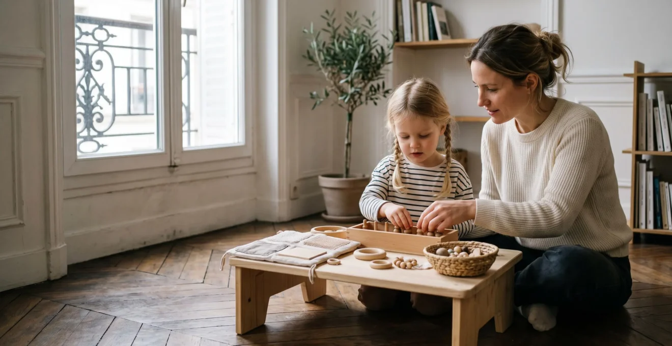 Parent et enfant fabriquant ensemble du matériel Montessori en bois dans un appartement parisien lumineux