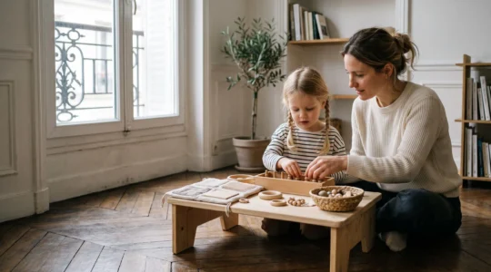 Parent et enfant fabriquant ensemble du matériel Montessori en bois dans un appartement parisien lumineux