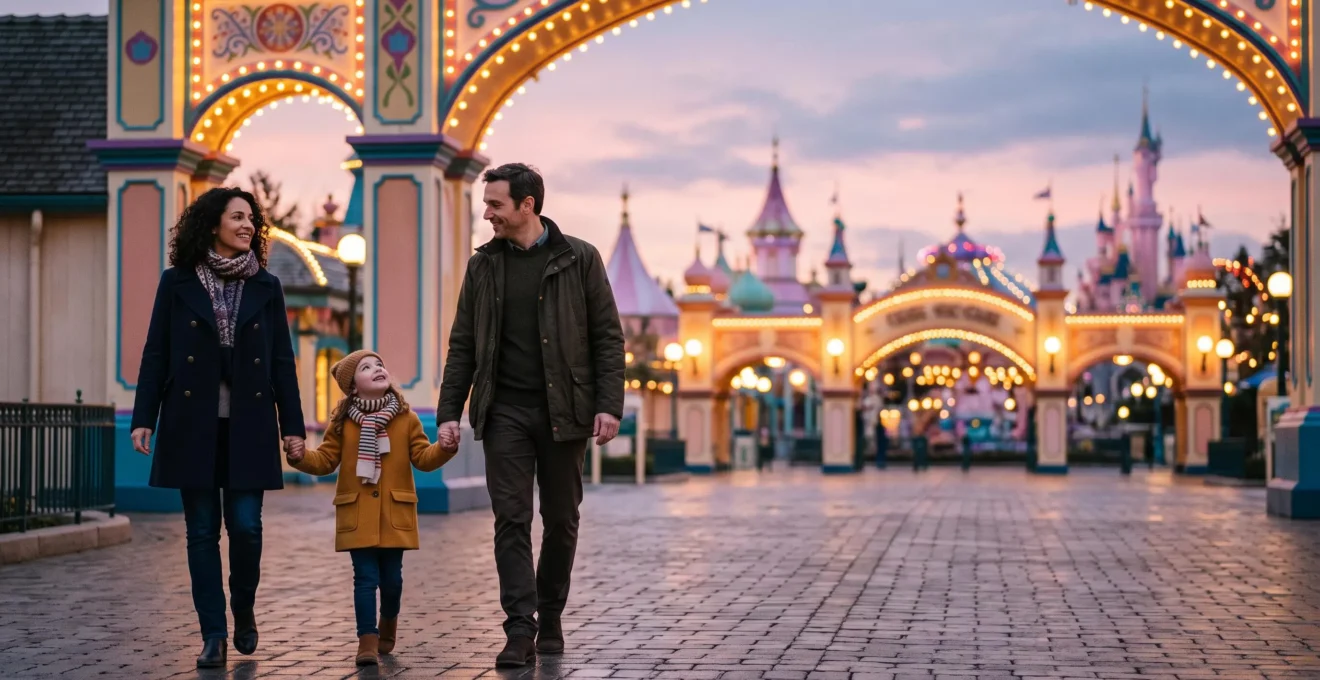 Un enfant emerveille tenant la main de ses parents devant les lumieres d'un parc d'attractions en France a la tombee du jour