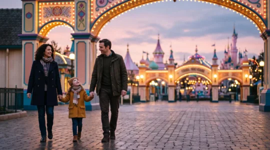 Un enfant emerveille tenant la main de ses parents devant les lumieres d'un parc d'attractions en France a la tombee du jour