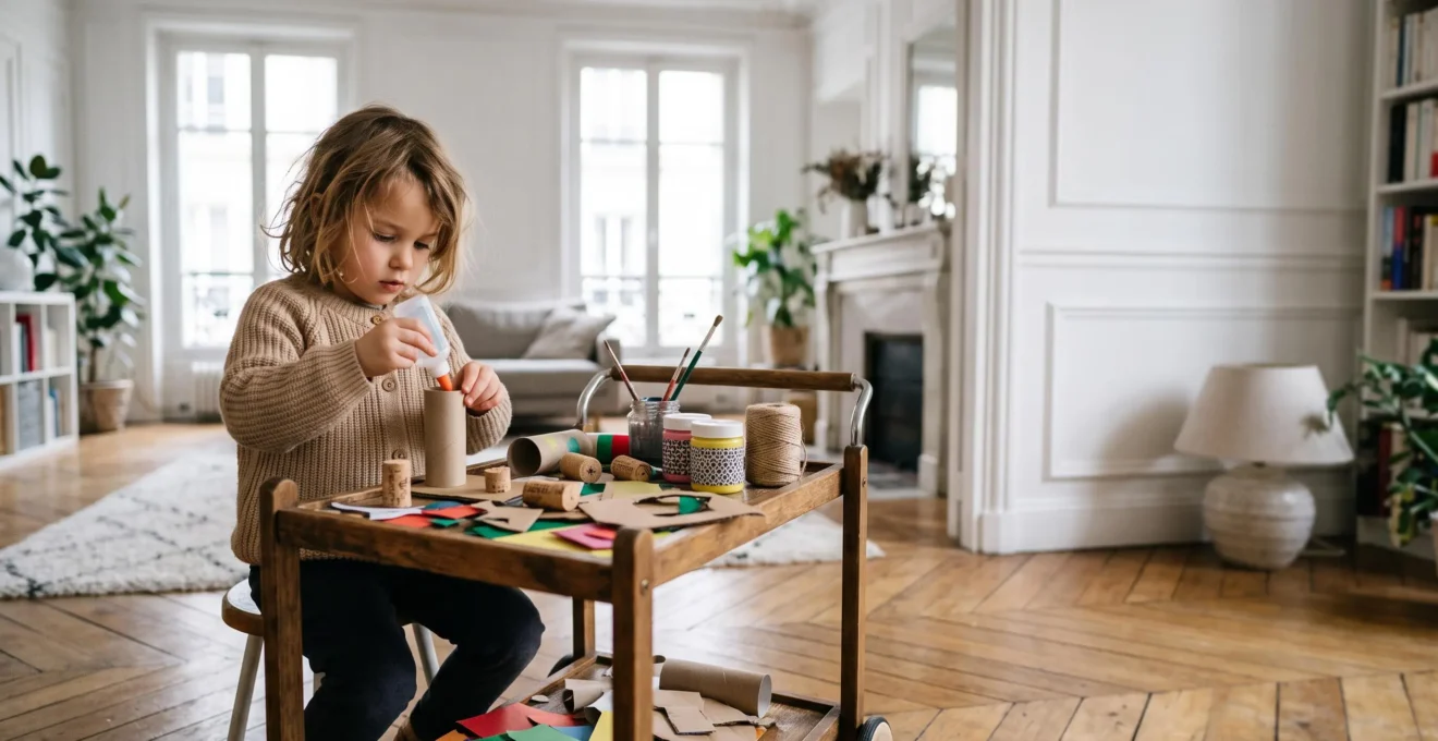 Un enfant concentre et joyeux cree librement avec des materiaux de recuperation dans le salon lumineux d'un appartement parisien