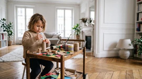 Un enfant concentre et joyeux cree librement avec des materiaux de recuperation dans le salon lumineux d'un appartement parisien