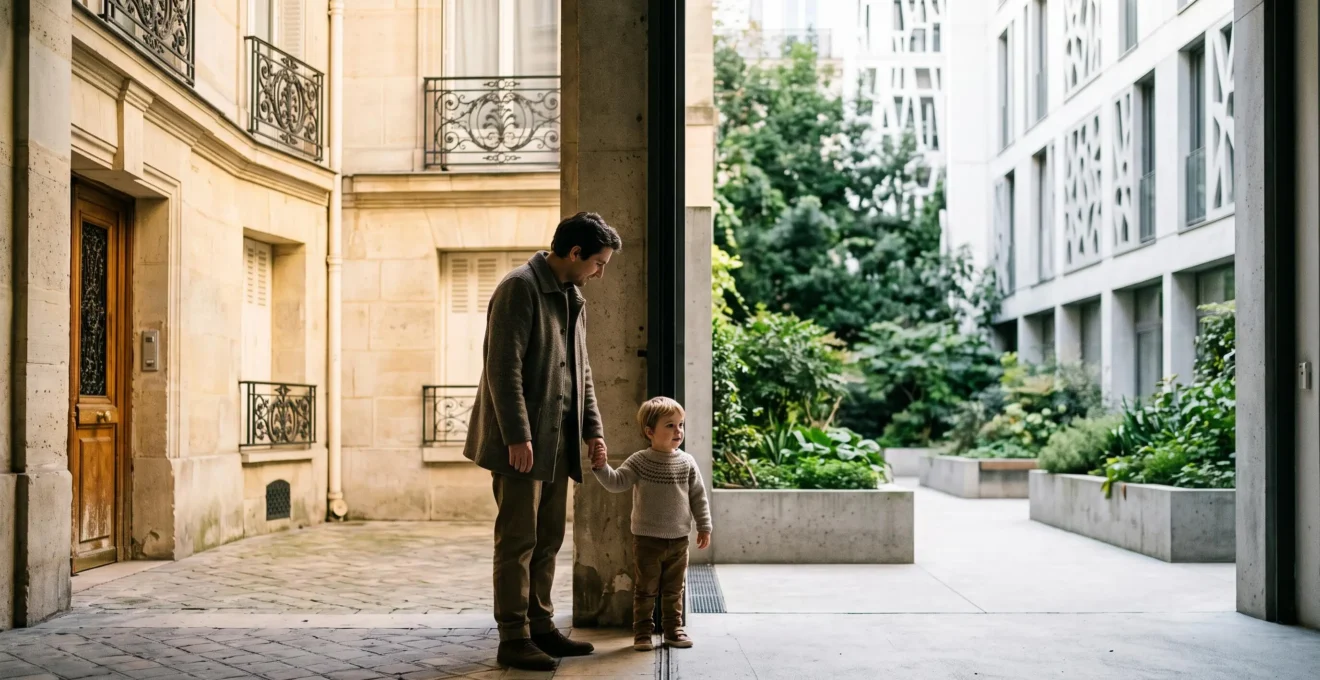 Parent et enfant dans une cour parisienne, symbole de l'équilibre entre éducation traditionnelle et pédagogies alternatives