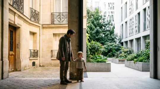 Parent et enfant dans une cour parisienne, symbole de l'équilibre entre éducation traditionnelle et pédagogies alternatives
